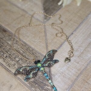 Betsey Johnson Gold-Tone Dragonfly Necklace with Aqua and Teal Crystals